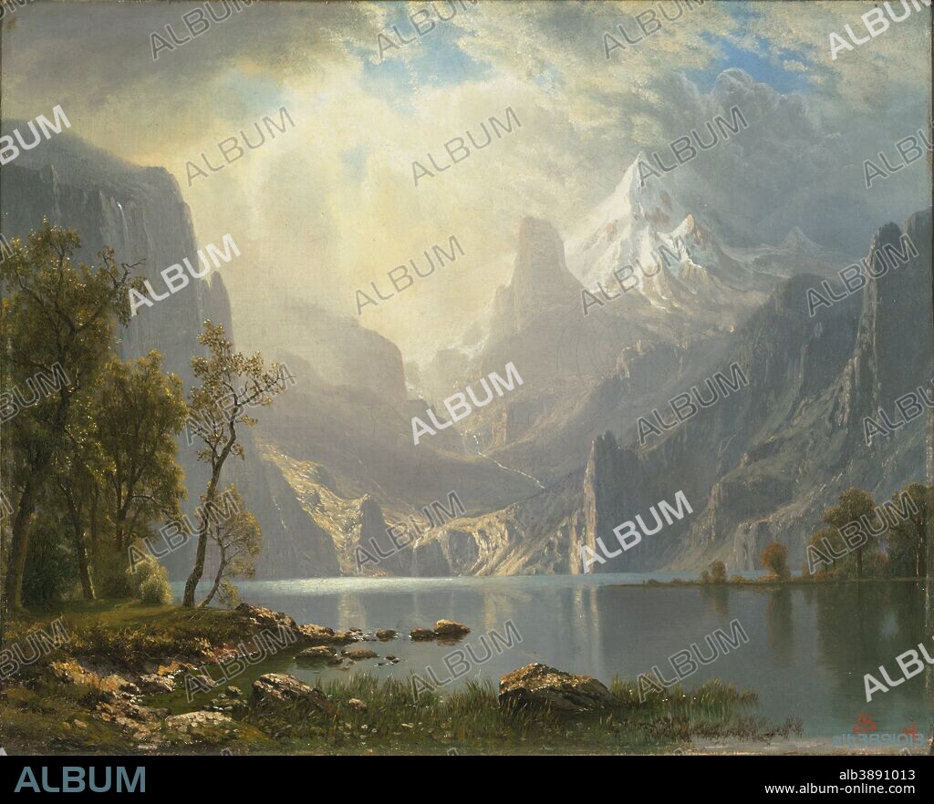 ALBERT BIERSTADT. In the Sierras / Lake Tahoe. Date/Period: 1868. Painting. Oil on canvas. Height: 33 cm (12.9 in); Width: 40.6 cm (15.9 in).