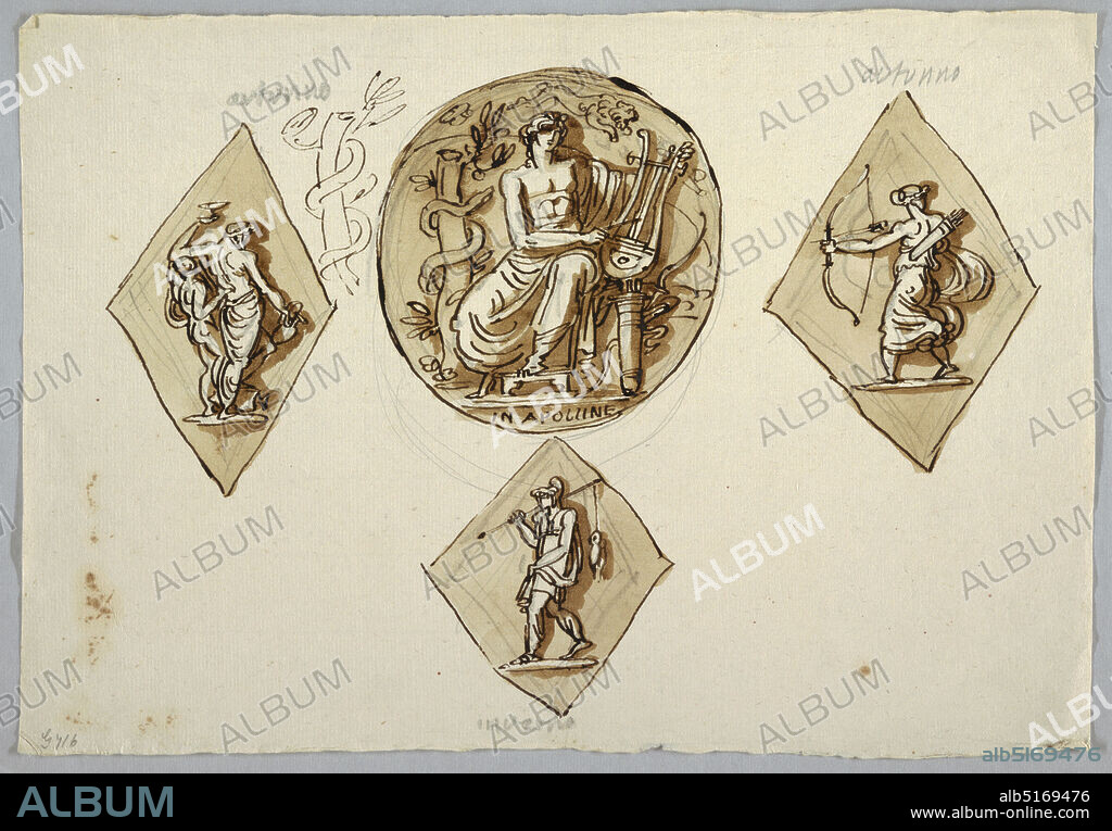 Decorative Project for Central Tondo with Apollo, Autumn and Winter, Felice Giani, Italian, 17581823, Pen and brown ink, brush and brown wash over traces of graphite on cream laid paper, Circular medallion representing Apollo playing lyre, flanked by two lozenges; at left, elderly drinker, Silenus, supported by young Diana with bow and quiver. Figures shown obliquely from back. At left, beside medallion, pen sketch for tree stump surrounded by snake., Italy, ca. 1780, architecture, interiors, Drawing, Drawing.