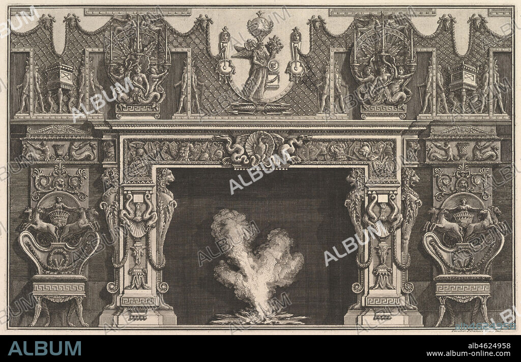 GIOVANNI BATTISTA PIRANESI. Bird in shell at the center of the lintel, with a frieze of trophies, surmounted by an overmantel with candelabra and flanked by chairs. (Ch. décorée d'une frise de casques et d'armures . . .), 1769 (?).