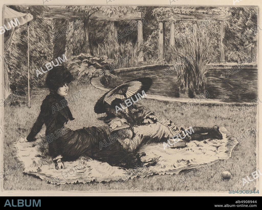 James Tissot, On the Grass, James Tissot (French, Nantes 18361902 Chenecey-Buillon), 1880, Etching and drypoint on laid paper; second state of two, sheet: 11 5/16 x 14 3/4 in. (28.7 x 37.5 cm), plate: 8 3/16 x 11 in. (20.8 x 28 cm), Prints.