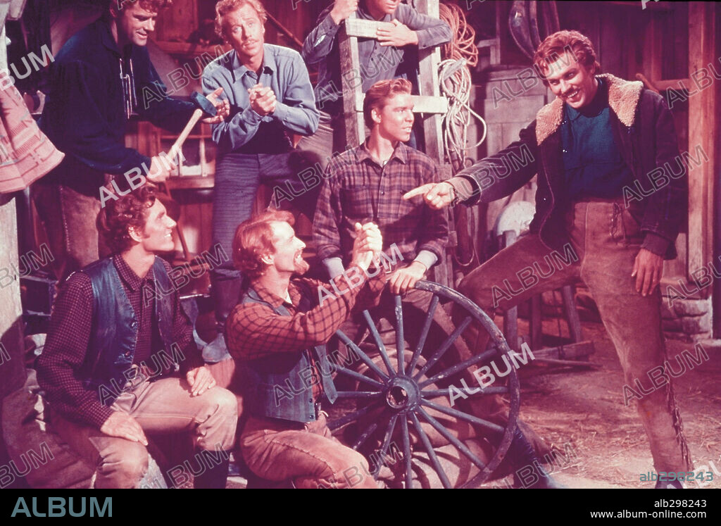 HOWARD KEEL, JACQUES D'AMBOISE, JEFF RICHARDS, MARC PLATT, MATT MATTOX and TOMMY RALL in SEVEN BRIDES FOR SEVEN BROTHERS, 1954, directed by STANLEY DONEN. Copyright M.G.M.