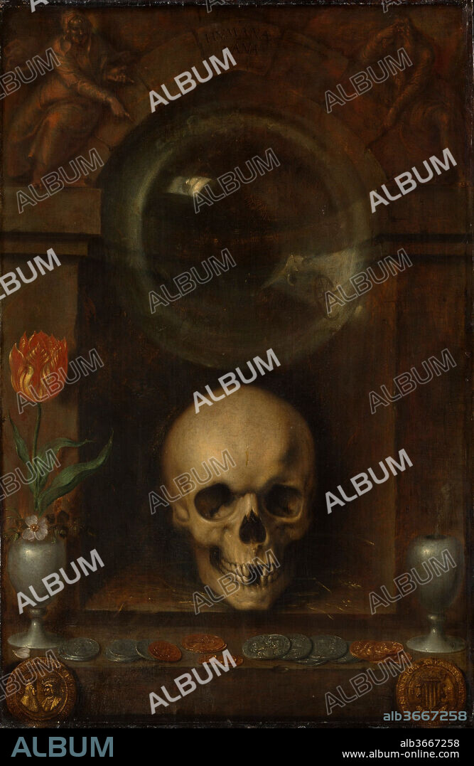 Vanitas Still Life. Artist: Jacques de Gheyn II (Netherlandish, Antwerp 1565-1629 The Hague). Dimensions: 32 1/2 x 21 1/4 in. (82.6 x 54 cm). Date: 1603.
De Gheyn was a wealthy amateur who is best known as a brilliant draftsman, but he also painted and engraved. This panel is generally considered to be the earliest known independent still life painting of a <i>vanitas</i> subject. The skull, large bubble, cut flowers, and smoking urn refer to the brevity of life, while images floating in the bubble--such as a wheel of torture and a leper's rattle--Spanish coins, and a Dutch medal refer to human folly. The figures flanking the arch above are Democritus and Heraclitus, the laughing and weeping philosophers of ancient Greece.