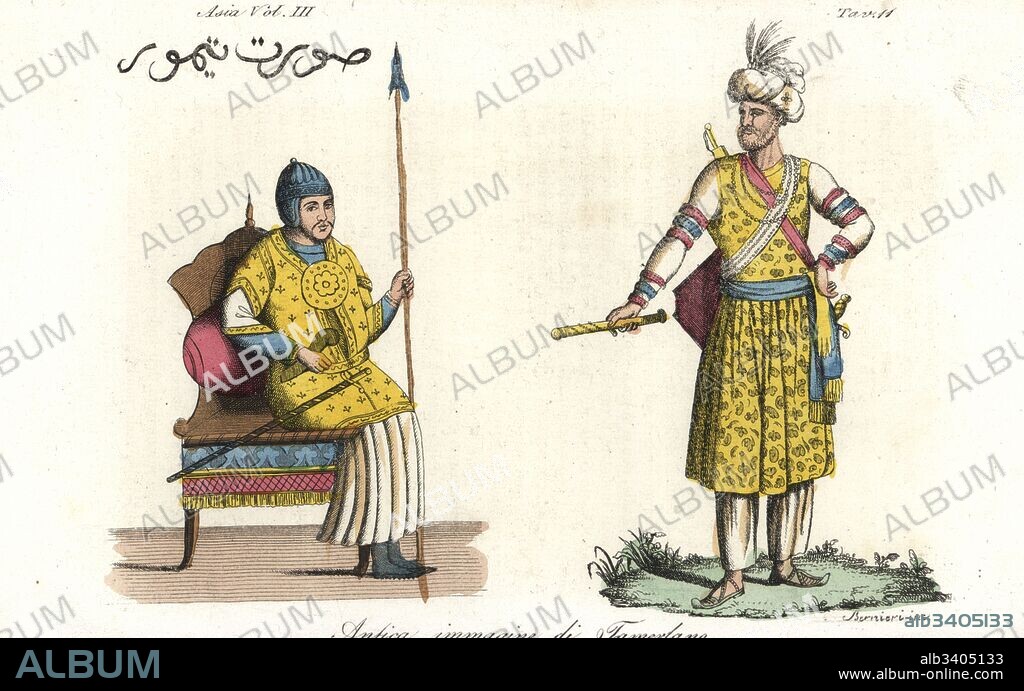 Ancient depictions of Tamerlane or Timur, Turco-Mongol conqueror. Handcoloured copperplate engraving by Andrea Bernieri from Giulio Ferrario's Ancient and Modern Costumes of all the Peoples of the World, Florence, Italy, 1844.