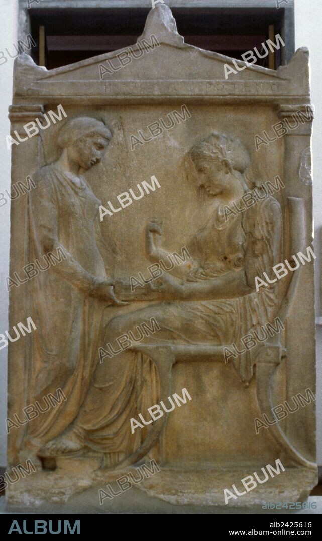 Grave Stele of Hegeso. Relief depicting Hegeso picking a jewel from the open pyxis (jewelry box), seated before her young servant, ca. 410-400 BC. Pentelic marble. From the Kerameikos cemetery, Athens. National Archaeological Museum. Athens, Greece.