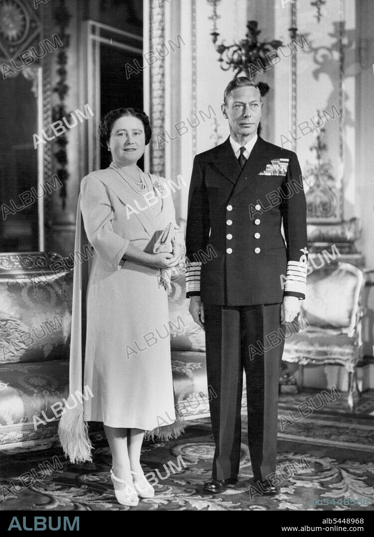 For The Royal Wedding. King And Queen Pose At Buckingham Palace -- King George, in uniform of Admiral of the Fleet, and Queen Elizabeth in the White Drawing room of Buckingham Palace, London - a picture specially posed in connexion with the wedding of their elder daughter. Princess Elizabeth, to Lieutenant Philip Mountbatten, Royal Navy, on November 20. October 14, 1947.