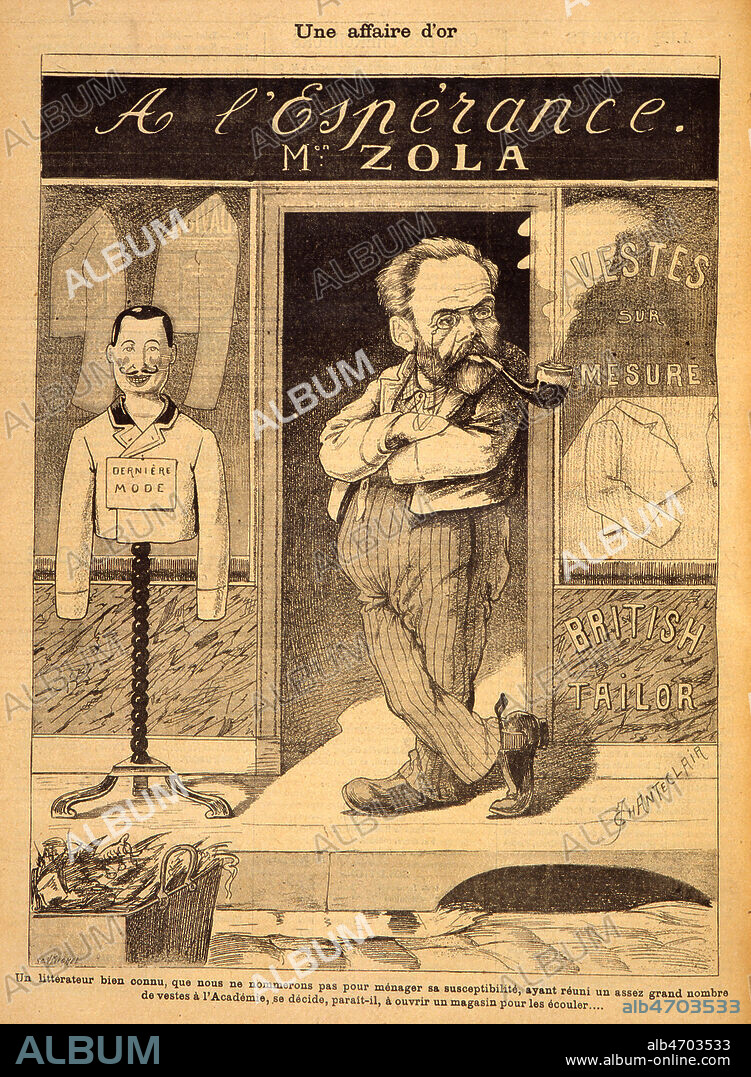 Caricature a propos de l'espoir et l'obstination de Zola a vouloir entrer à l'Academie francaise et aà n'avoir recolte que des 'vestes': 'A l'Esperance - Maison Zola. un litterateur bien connu, que nous ne nommerons pas pour menager sa susceptibilite, ayant reuni deja un assez grand nombre de vestes a l'Academie, se decide, parait-il, a ouvrir un magasin pour les ecouler...' par CHANTECLAIR (1857-1938) in La Libre Parole illustree du 03/03/1894. Credit: Coll. Dixmier/Kharbine-Tapabor.
