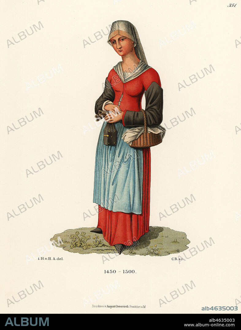 Dutch peasant woman in veil, dress, apron and basket, late 15th century, on the road to visit St. Elisabeth. From a figure in a door in Aachen Cathedral. Chromolithograph from Hefner-Alteneck's Costumes, Artworks and Appliances from the Middle Ages to the 17th Century, Frankfurt, 1889. Illustration by Dr. Jakob Heinrich von Hefner-Alteneck, lithographed by C. Regnier. Dr. Hefner-Alteneck (1811 - 1903) was a German museum curator, archaeologist, art historian, illustrator and etcher.
