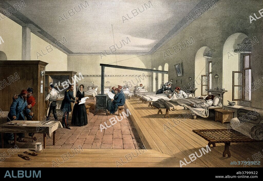 One of the wards in the hospital at Scutari. Lithograph from 1856 by E. Walker after W. J. Simpson. Scutari is where Florence Nightingale worked during the Crimean War (1854-1856). Nightingale (1820-1910) was a British nurse, humanitarian and hospital reformer who is credited with establishing the foundations of modern nursing. Already an experienced nurse, she was appointed director of nursing operations at the war front during the Crimean War. There, her efforts to improve sanitation in the military hospitals drastically reduced the mortality rate among the sick. In 1860, on her return to England, she wrote the textbook Notes on Nursing. This was the first definitive textbook in the field and was translated into many languages.