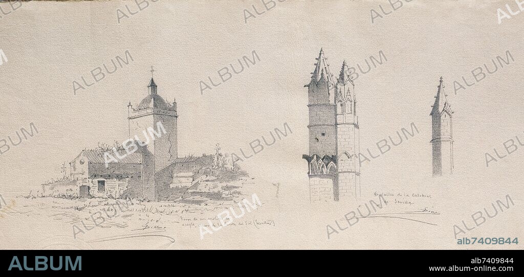GUMERSINDO DIAZ (1841-1891). TORRE DE UN MOLINO DE ACEITE, MURO DE LA PUERTA DEL SOL DE SEVILLA - DETALLES DE LA CATEDRAL DE SEVILLA - 1865 - DIBUJO.