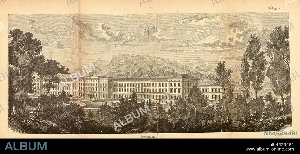Irrenanstalt, Psychiatry Burghölzli, Zurich, to p. 108, Bachmann, X. C., Schweizerischer Ingenieur und Architekten-Verein: Zürich's Gebäude und Sehenswürdigkeiten. Beschreibung der Stadt (...). Zürich: bei Orell Füssli & Co., 1877.