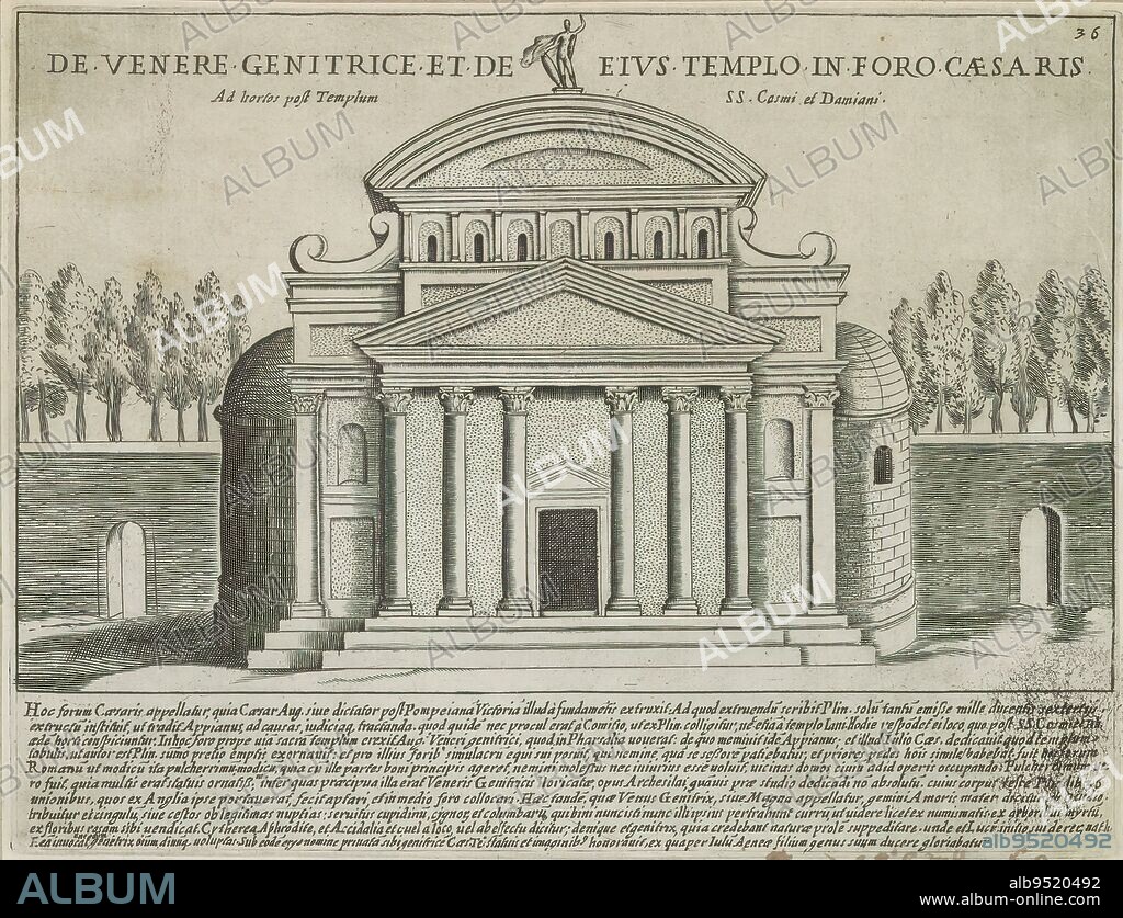 Temple of Venus Genetrix on Caesar's Forum in Rome, De Venere Genitrice et de Eius Templo in Foro Caesaris (title on object), Antique monuments (series title), Antiquae Urbis Splendor (series title), Text in Latin in lower margin. Numbered top right: 36. The print is part of an album., print maker: Giacomo Lauro, printer: Giacomo Mascardi, print maker: Italy, printer: Rome, in or after 1637, paper, etching, height 179 mm × width 234 mm.