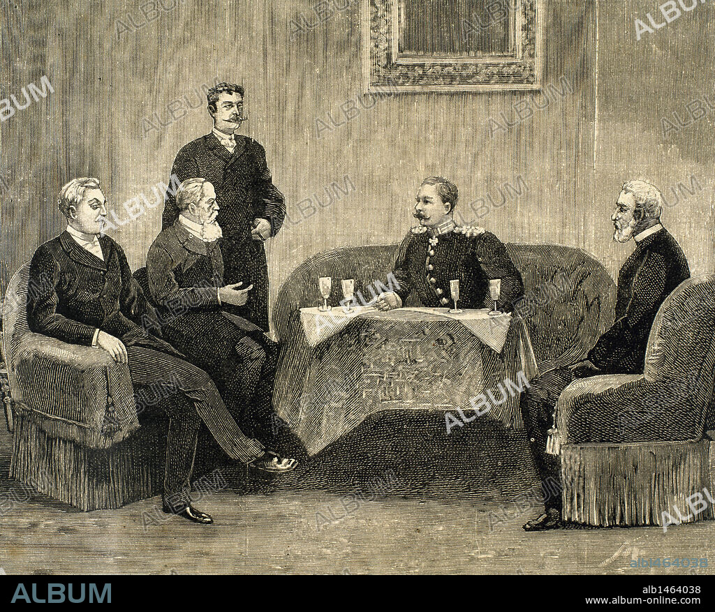 GUILLERMO II (1859-1941). Rey de Prusia y emperador de Alemania (1888-1918). "EL REY EMPERADOR GUILLERMO II EXPLICANDO SUS IDEAS SOBRE LA CUESTION OBRERA EN EL PALACIO DEL PRINCIPE DE BISMARCK, EN BERLIN". Grabado de 1890.