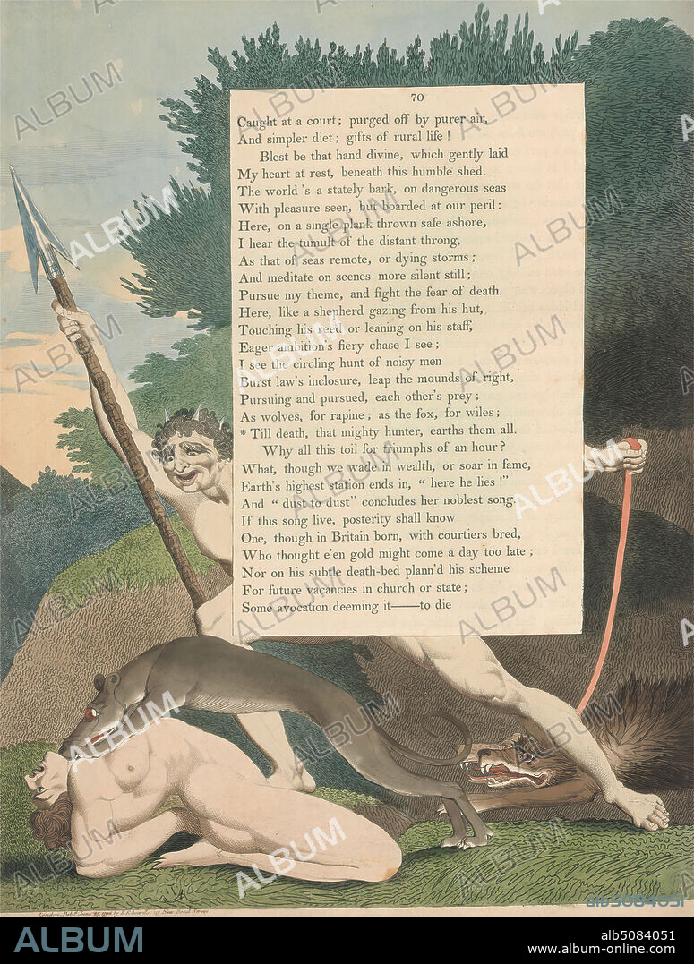 Young's Night Thoughts, Page 70, ''Till Death, That Mighty Hunter, Earths Them All', Print made by William Blake, 17571827, British, 1797, Etching and line engraving with watercolor on moderately thick, slightly textured, cream wove paper, Spine: 17 1/2 inches (44.5 cm), Sheet: 16 3/4 x 12 7/8 inches (42.5 x 32.7 cm), and Plate: 16 5/8 x 12 7/8 inches (42.2 x 32.7 cm), dogs (animals), literary theme, men, nude, religious and mythological subject, rocks (landforms), spear, trees, wolves.