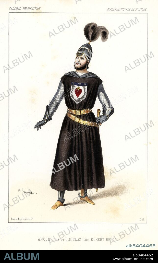 Bass singer Raffaele Anconi as Douglas in the pastiche opera Robert Bruce by Gioachino Rossini, Academie Royale de Musique, 1846. Handcoloured lithograph after an illustration by Alexandre Lacauchie from Victor Dollet's Galerie Dramatique: Costumes des Theatres de Paris, Paris, 1846.