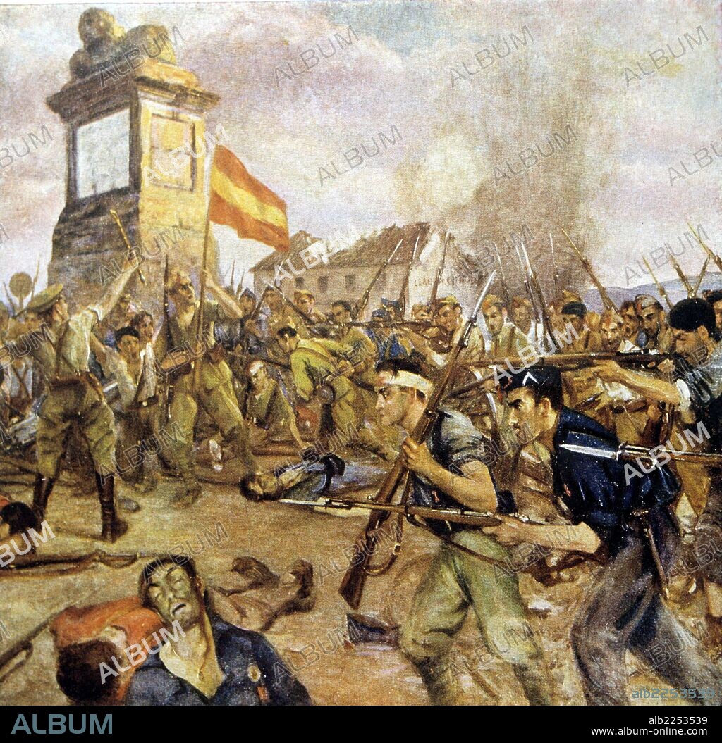 GUERRA CIVIL ESPAÑOLA 1936 - 1939. " EL ALTO DEL LEON. LAS TROPAS DEL LLAMADO BANDO NACIONAL , LUCHAN EN GUADARRAMA ". DIBUJO DE CARLOS VAZQUEZ.
