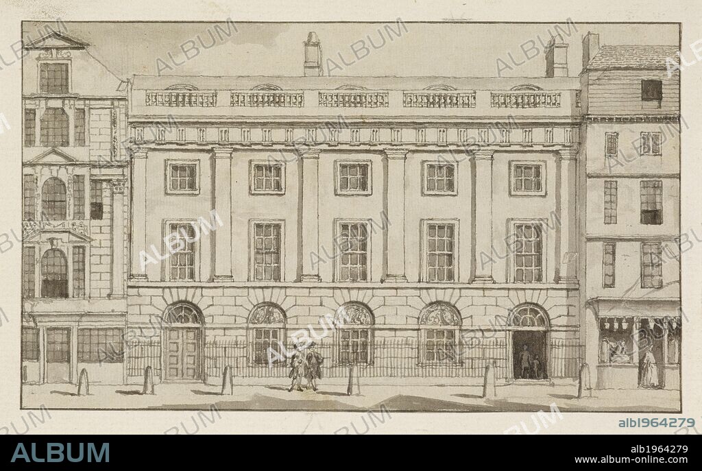 SAMUEL WALE. Illustration of East India House in the city of London. Headquarters of the East Indian company, colonial traders.  . East India House, Leadenhall Street. Wale, Samuel (c. 1720-1786); East India House, Leadenhall Street, wash c.1760. Source: WD 2056.