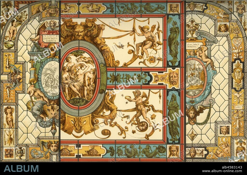 Italian Renaissance stained glass, (1898). 'Fig 1: From the National Museum in the Bargello at Florence, taken by H. Dolmetsch. Figs 2-8: From the Certosa [del Galluzzo] near Florence (by Giovanni da Udine), taken by Reg.-Baumeister Borkhardt and Architect Eckert in Stuttgart'. Ornate painted glass windows of the 16th century, featuring grotesque designs of cherubs and mythical creatures. Plate 45 from "The Historic Styles of Ornament" translated from the German of H. Dolmetsch. [B.T. Batford, London, 1898].