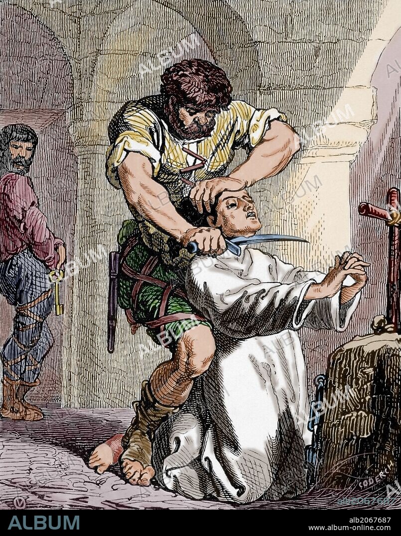 Beheaded of Saint Hermenegild (564-586). Engraving by Coderch in Christian Year, 1852. Colored.