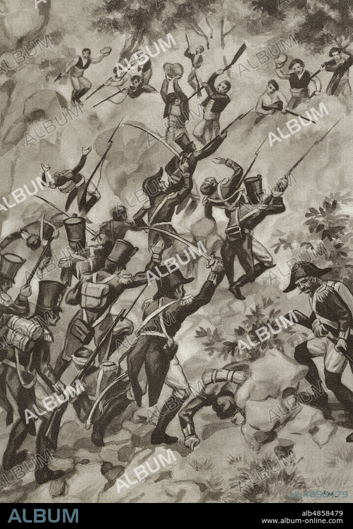 Peninsular War (1808-1814). Guerrilla warfare against the Napoleonic army. "...Fighting from cliff to cliff, from height to height, from mountain to mountain". Los guerrilleros de 1808. Historia popular de la Guerra de la Independencia, by Enrique Rodríguez-Solís. Volume I. Published in Madrid, 1930.