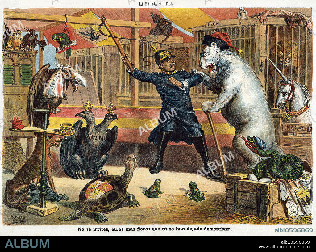 España. Siglo XIX. Dibujo satírico alusivo a la política española. El canciller alemán Bismarck intentando conseguir la alianza con el imperio ruso. Interior de la revista La madeja política, editado en Barcelona, octubre de 1874.