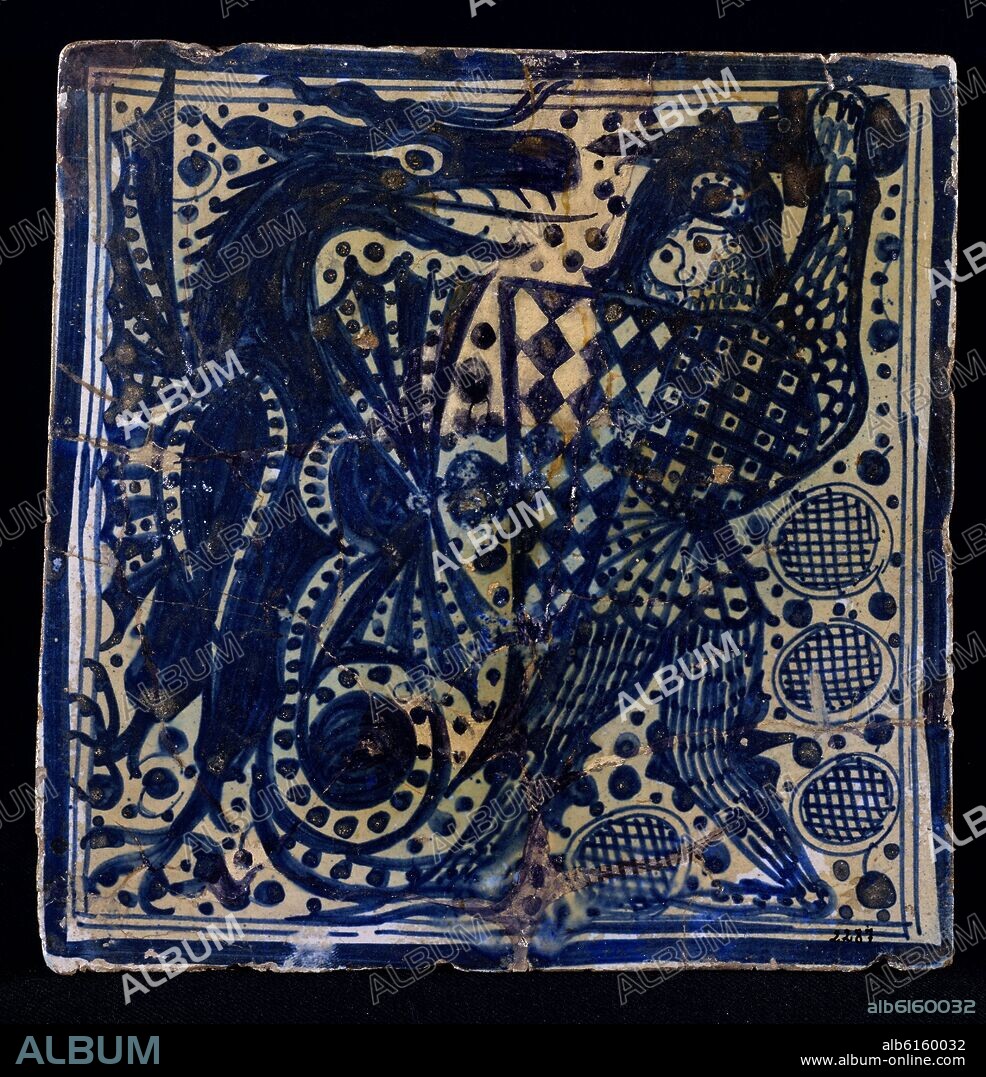 AZULEJO DE UN CENTELLES MATANDO AL "DRAGÓ DEL MERCAT" O SAN JORGE MATANDO AL DRAGON - MANISES - SIGLO XV.