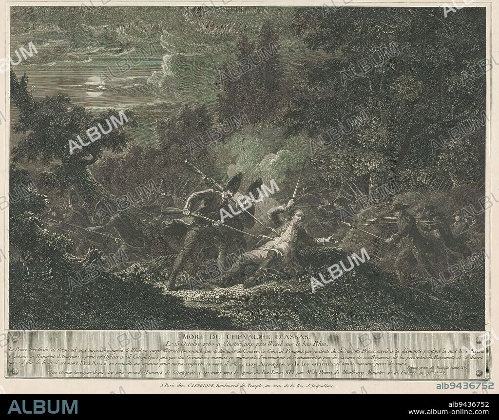 Heroic death of knight Louis d'Assas, 1760, Mort du Chevalier d'Assas. Le 15 Octobre 1760 à Clostercamp près Wesel sur le bas Rhin (title on object), Heroic Death of French Knight Louis d'Assas, 15-16 October 1760, during the Battle of Kloster Kampen. Attacked by English soldiers during a night reconnaissance, he still manages to warn his compatriots before being killed., print maker: anonymous, after drawing by: Francesco Giuseppe Casanova, (possibly), publisher: Castrique, (mentioned on object), print maker: France, publisher: Paris, c. 1777, paper, etching, engraving, height 364 mm × width 460 mm.