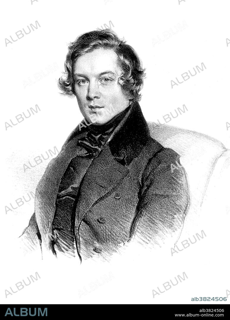 Robert Schumann (June 8, 1810 - July 29, 1856) was a German composer and influential music critic. He is widely regarded as one of the greatest composers of the Romantic era. He left the study of law, intending to pursue a career as a virtuoso pianist, but a hand injury ended this dream. He then focused his musical energies on composing. His published compositions were written exclusively for the piano until 1840; he later composed works for piano and orchestra; many Lieder (songs for voice and piano); four symphonies; an opera; and other orchestral, choral, and chamber works. Schumann suffered from a lifelong mental disorder, first manifesting itself in 1833 as a severe melancholic depressive episode, which recurred several times alternating with phases of 'exaltation' and increasingly also delusional ideas of being poisoned or threatened with metallic items. After a suicide attempt in 1854, Schumann was admitted to a mental asylum, at his own request. Diagnosed with "psychotic melancholia", he died two years later in 1856, at the age of 46, without having recovered from his mental illness. Lithograph by Joseph Kriehuber, 1839.