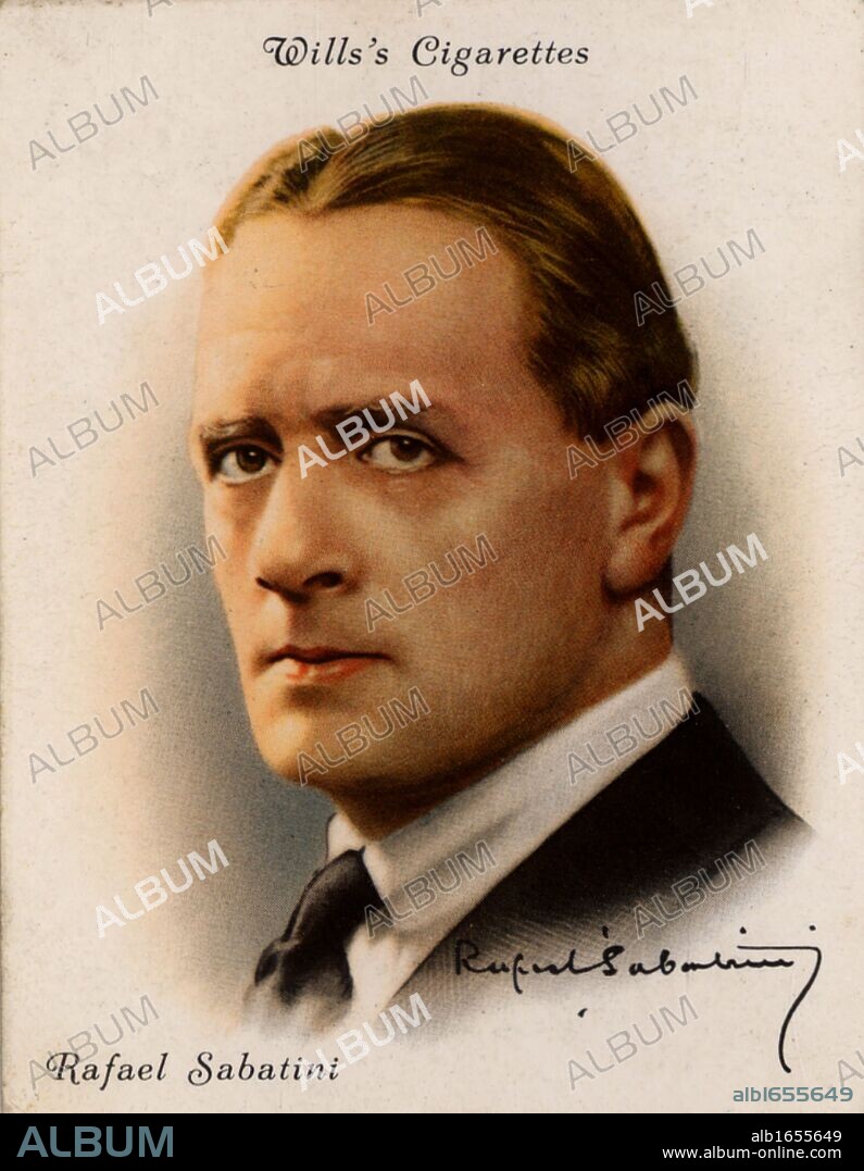 Rafael Sabatini (1875-1950) Italian-born English novelist whose works include "Scaramouche" (1921), Captain Blood (1922) and "The Sea Hawk" which were made into swashbuckling Hollywood films.  From a series of cards of "Famous British Authors" (London, 1937). (Photo by: Universal History Archive/UIG via Getty Images).