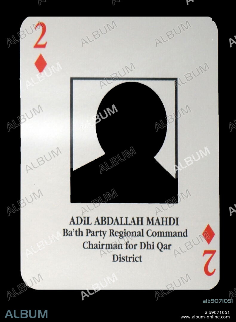 Most-wanted Iraqi playing cards - Adil Abdallah Mahdi (Ba'th Party Regional Command Chairman for Dhi Qar District). The U.S. military developed a set of playing cards to help troop identify the most-wanted members of President Saddam Hussein's government during the 2003 invasion of Iraq.