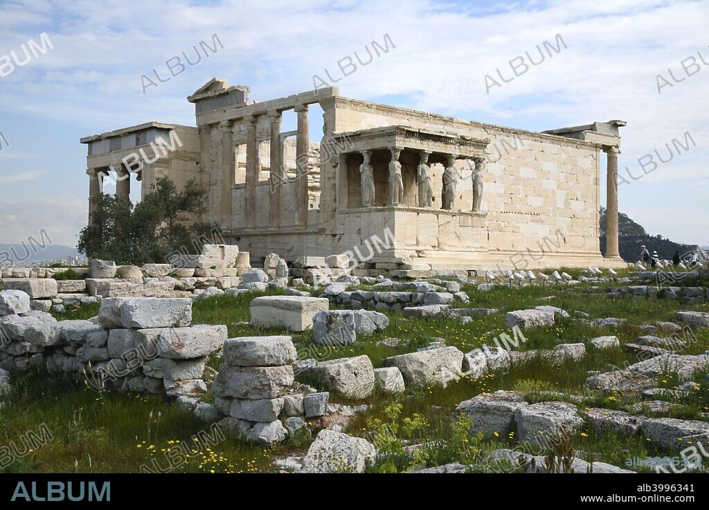 The Erechtheion, The Acropolis, Athens, Greece. The Erechtheion is an ancient Greek temple on the Acropolis of Athens in Greece, that was built in honour of the legendary King Erechtheus. The temple as seen today was built between 421-407 BC, and its architect may have been Mnesicles. On the north side, there is a large porch with columns, and on the south, the famous 'Porch of the Maidens', with six draped female figures known as caryatids (meaning: 'Maidens of Karyae') as supporting columns, each sculpted in a manner different from the rest and engineered in such a way that their slenderest part, the neck, is capable of supporting the weight of the porch roof whilst remaining graceful and feminine. The Acropolis of Athens was declared a World Heritage Site by UNESCO in 1987.
