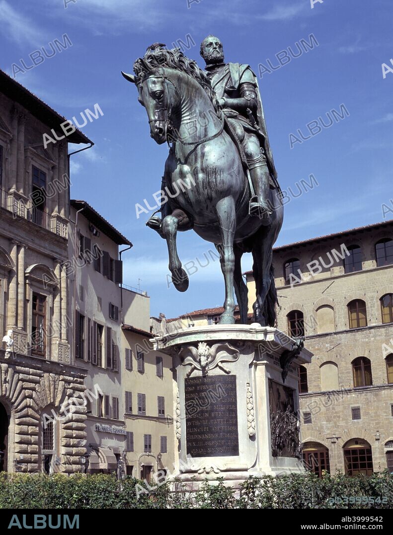 Statue of Cosimo de Medici, Piazza della Signoria, Florence, Italy. A member of the Medici political dynasty that ruled Florence during much of the Renaissance period, Cosimo I de Medici (1519-1574) was the first Grand Duke of Tuscany, ruling from 1537 until his death. He was an important patron of art and architecture, commissioning the Uffizi, and finishing the Pitti Palace and the Boboli Gardens. This bronze equestrian statue of him by Giambologna was unveiled in 1598.