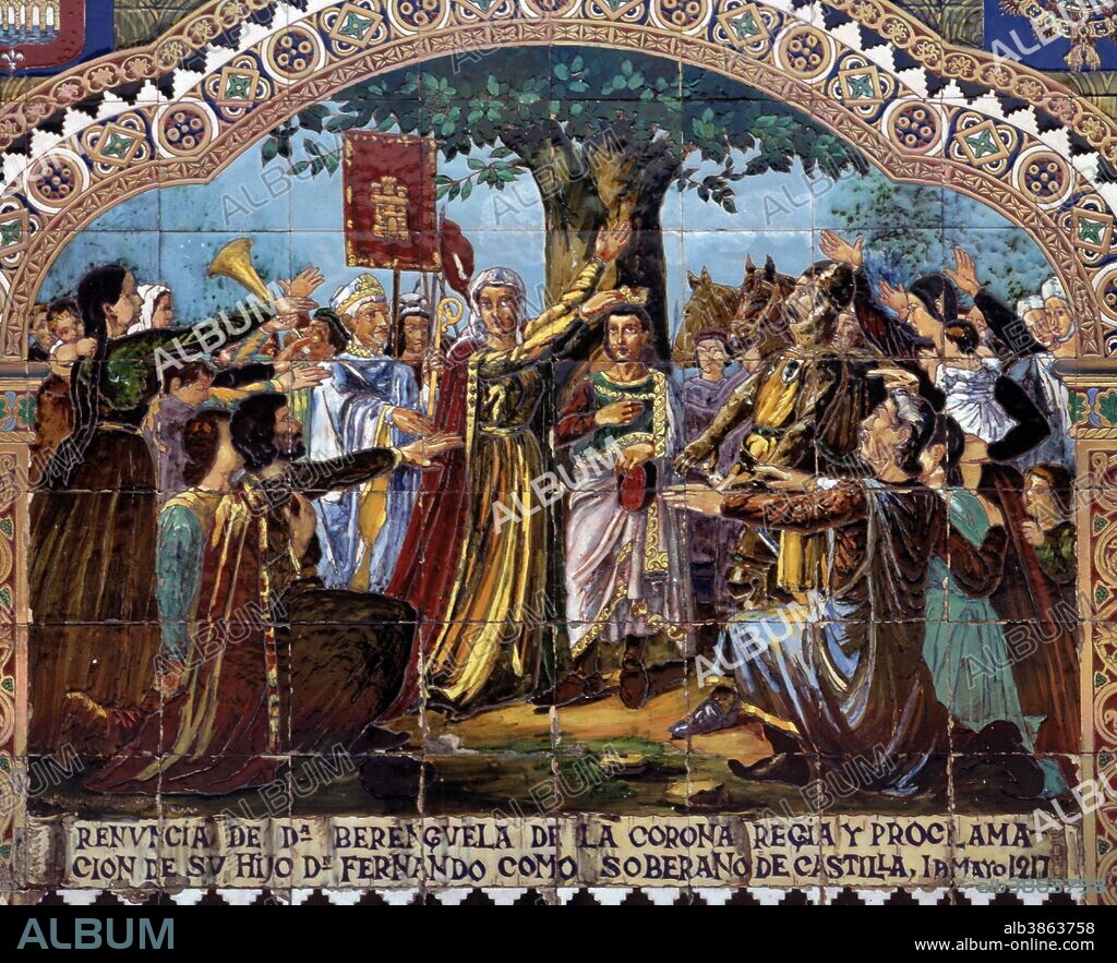 BERENGUELA , DOÑA. ESPOSA DE ALFONSO IX . 1171 - 1244. " RENUNCIA A LA CORONA DE CASTILLA PARA SU HIJO D. FERNANDO , AÑO 1217 ". AZULEJO PLAZA DE ESPAÑA . SEVILLA. SFGP / © KORPA.