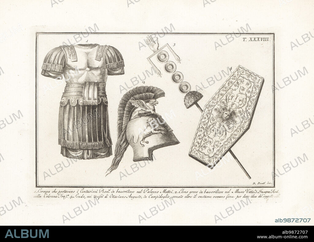 Roman Centurion armour from a bas-relief in the Palazzo Mattei 1, Greek helmet from a bas-relief in the Vatican Museum 2, Roman military standard or signum from Trajan's Column 3, ornately decorated shield or scutum in the trophies of Octavian Augustus, in the Capitol 4. Copperplate engraving by Domenico Pronti from his own New Collection Representing Religious, Civil and Military Costumes of the Ancient Egyptians, Etruscans, Greeks and Romans, Nuova Raccolta Rappresentante I Costumi Religiosi Civili e Militari, Rome, 1805.