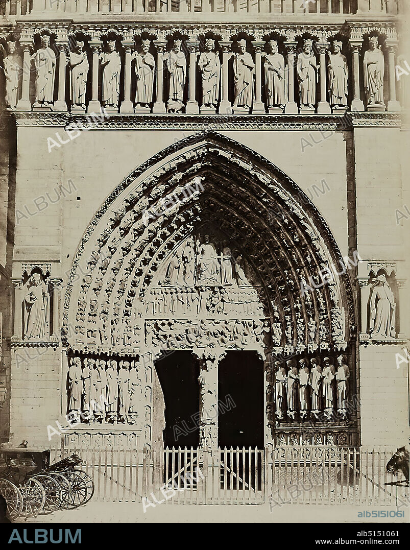 Édouard Baldus, Portal of Notre Dame Cathedral, Paris, albumin paper, black and white positive process, image size: height: 24.8 cm; width: 19.4 cm, numbered: recto and on cardboard: in lead: 266, architectural photography, portal (church building), facade decoration (architecture), facade (church building), hist. Building, locality, street, Paris.