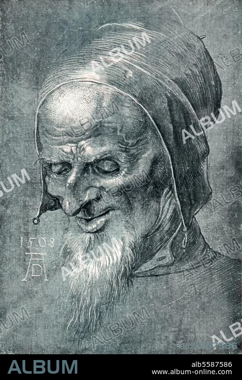 ALBRECHT DUERER. Dürer, Albrecht. 1471-1528. "Head of an apostle", 1508. Study for the Heller altarpiece. Brush drawing on green primed paper, heightened with white, 31.7 × 21.2 cm. Vienna, Graphische Sammlung Albertina.