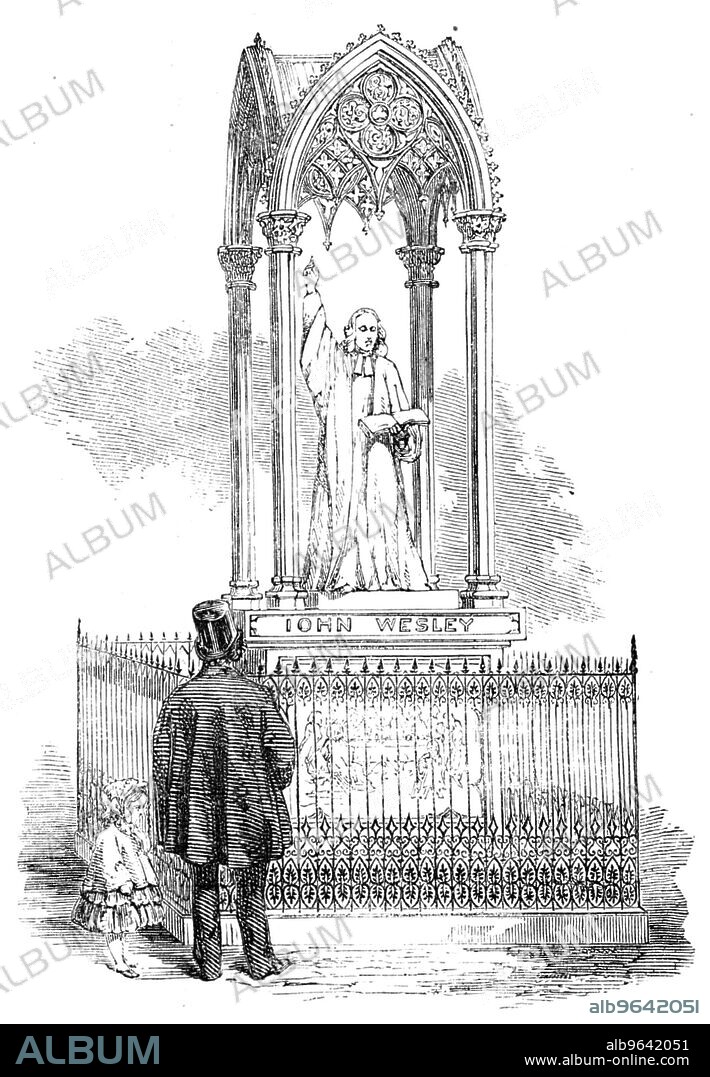 Monument to John Wesley, to be erected at Epworth, 1856. Memorial to '...to the founder of Methodism...the good people of the town of Epworth, in Lincolnshire (Wesley's birthplace), propose to commemorate his excellence by the erection of a statue "by a National Penny Subscription", so as to afford all classes the means of participating in the good work...Mr. Tilbury, the artist, has designed the intended monument, which is exceedingly appropriate. The statue of Wesley, 7 feet 9 inches in height, is placed upon a square stone basement...Upon this basement rises a Gothic floriated baldachino, or canopy, underneath which is, of course, the figure. The attitude of Wesley is indeed expressive, holding the Bible in one hand. He is represented as exhorting the people with that earnestness and truth which so distinguished his life...The whole is surrounded by an appropriate palisading'. From "Illustrated London News", 1856.