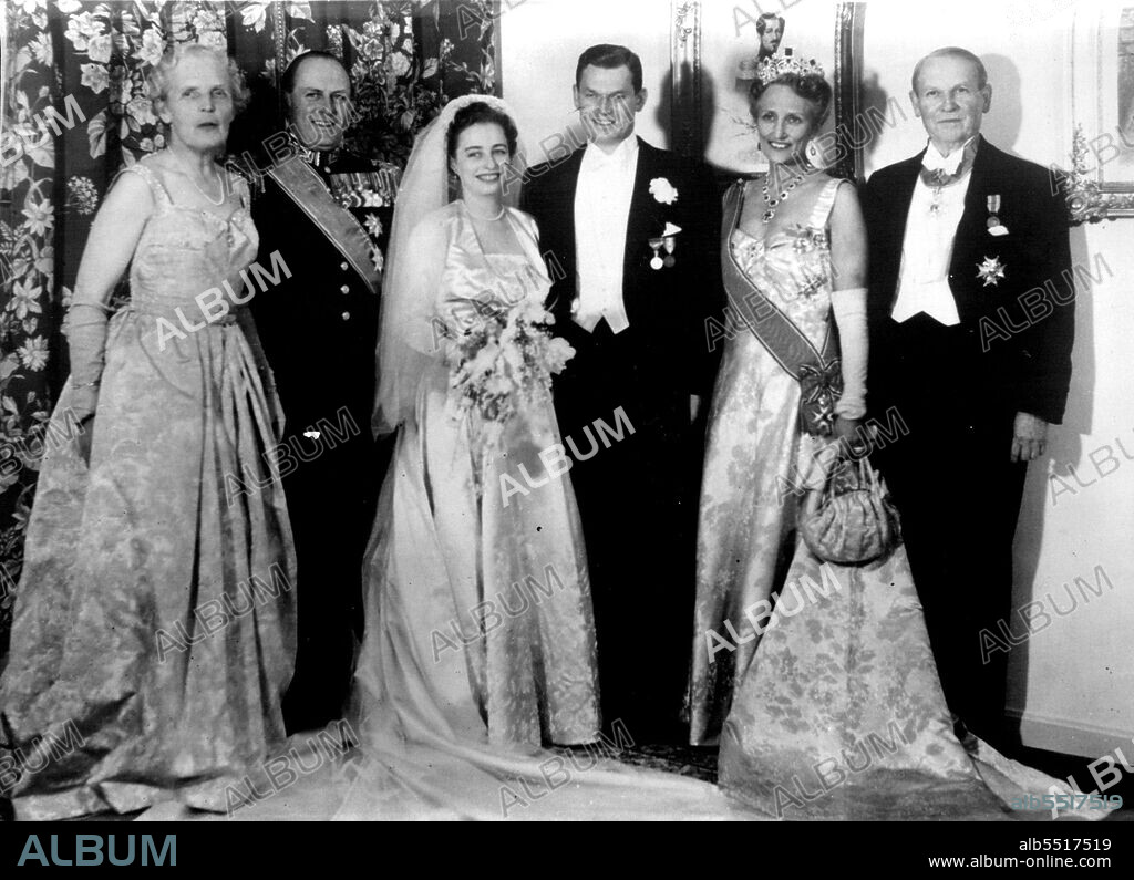 Royal Wedding In Oslo -- The wedding group after the marriage of Princess Ragnhild of Norway and Mr. Erling Lorentzen, son of a prominent Norwegian shipowner, near Oslo on Friday. Princess Margaret attended. (Left or Right) Mrs. Lorentzen, Crown Prince Olaf (father of bride), the bride and groom, Princess Martha, and Mr. Lorentzen. May 19, 1953.