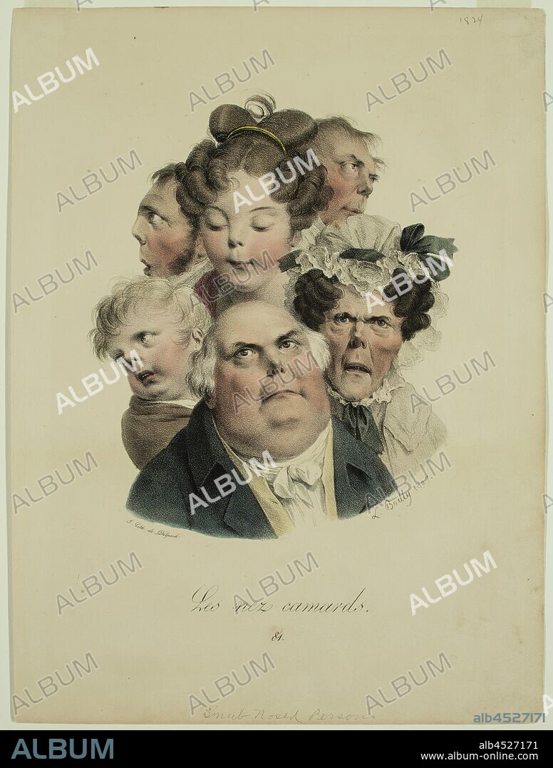 Louis Boilly, French, 1761 - 1845, Les Nez Camards, 1827, lithograph printed in black ink and colored by hand on cream wove paper, Image: 8 1/4 × 6 1/2 inches (21 × 16.5 cm).