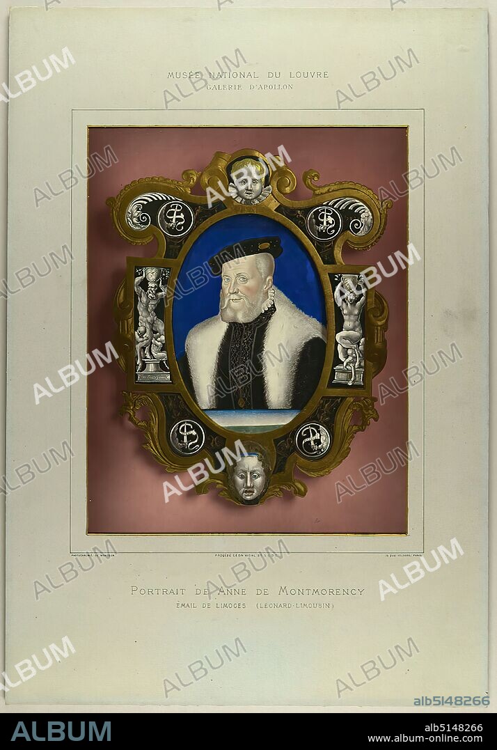 Léon Vidal, Portrait de Anne de Montmorency, paper, photochrome print, image size: height: 32 cm; width: 25 cm, inscribed: recto: printed above the photograph: Musee National Du Louvre Galerie D'Apollon; below the photograph: Photochromie du Moniteur; Procédé Léon Vidal B.ième S.G.D.G.; 15 Quai Voltaire. Paris; Portrait de Anne de Montmorency; verso with pencil: P2013.219.5, handicrafts, decorative arts, industrial design, portrait, work of applied arts, work of applied arts (metals), The magnificent Apollo Gallery in the Louvre in Paris holds some of the most precious art objects of the Grande Nation, in addition to the French crown jewels. For the publication Le Trésor Artistique de la France, published from 1878, photographer Léon Vidal photographed the exquisite treasures. The printing process also relies on the expertise of the trained engineer. The photochromic technique developed by Vidal, a process first presented in 1872, makes it possible to transfer the colors of the collection pieces into a high-quality reproduction. Similar to chromolithography, three layers are printed separately on top of each other in strong, translucent colors. Vidal uses a photomechanical image as a basis, which contributes the deep black tones to the colored image result; the final layer is a fine layer of varnish. The glossy images not only convey the radiance of the art objects, but the elaborate copies, which were produced at great expense, are themselves masterpieces today. (Annika Sellmann).