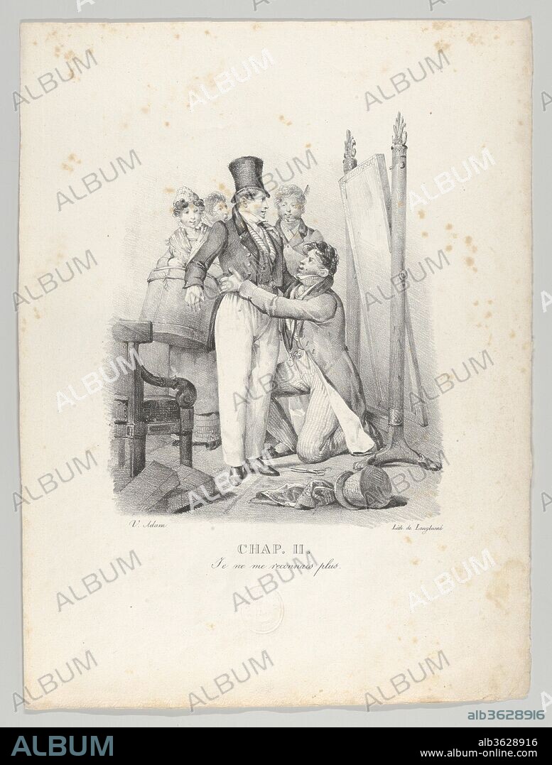 Chap. II: Je ne me reconnais plus (I No Longer  Recognize Myself). Artist: Victor Adam (French, 1801-1866). Dimensions: 14 1/4 × 10 1/16 in. (36.2 × 25.5 cm). Lithographer: Langlumé (French, active 1819-30). Publisher: Sazerac and Duval , Paris. Series/Portfolio: Un an de la vie d'un jeune homme (A Year in the Life of a Young Man). Date: 1824.