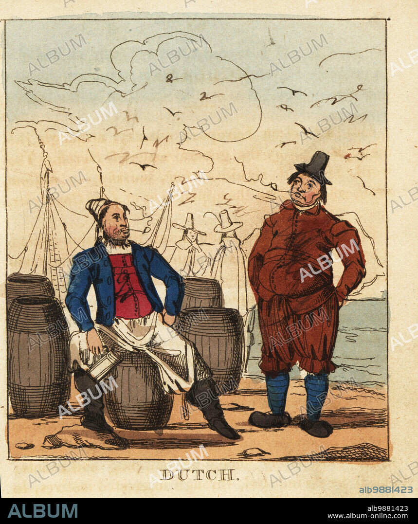 Costumes of Dutch men, 19th century. A sailor in cap, jacket, pantaloons and boots with tankard and pipe seated on a barrel in port. A merchant in top hat, jacket and breeches, wooden clogs. Handcoloured copperplate engraving from The World in Miniature, or Panorama of the Costumes, Manners & Customs of All Nations, John Bysh, London, 1825.