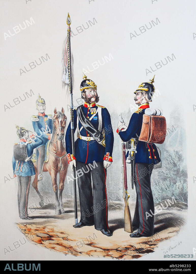 Royal Prussian Army, Guards Corps, Preußens Heer, preussische Garde, Königs-Grenadier Regiment No.2, Westpreussisches Regiment, Stabsoffizier, Fahnen Unteroffizier, Unteroffizier, Digital improved reproduction of an illustration from the 19th century.