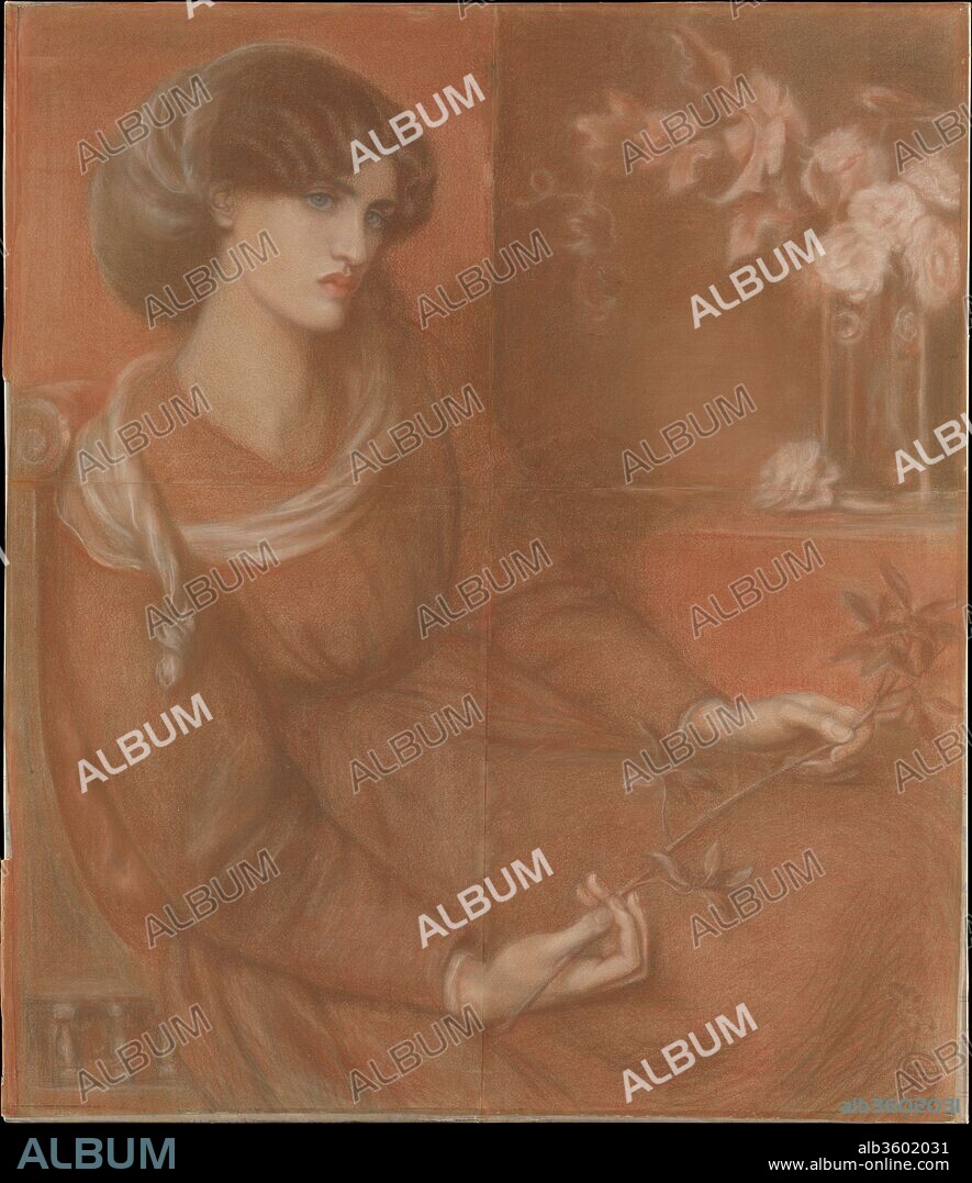 Jane Morris: Study for "Mariana". Artist: Dante Gabriel Rossetti (British, London 1828-1882 Birchington-on-Sea). Dimensions: sheet: 35 3/4 x 30 3/4 in. (90.8 x 78.1 cm). Subject: William Shakespeare (British, Stratford-upon-Avon 1564-1616 Stratford-upon-Avon). Date: 1868.
Long attracted by Jane Burden Morris's unconventional beauty, Rossetti placed her at the center of this sheet, which he began as a head study, then developed to represent Mariana from Shakespeare's Measure for Measure and Tennyson's poem Mariana in the Moated Grange. Her expression and dejected posture convey frustrated desire and weary resignation--in both sources, Mariana waits unhappily for a tarrying fiancé. The artist likely intended the theme to echo Jane's real-life dilemma, as about 1868 her nine-year marriage to William Morris grew strained and she became increasingly close to Rossetti.
The drawing relates to a painting Rossetti made in 1870, now in the Aberdeen City Art Gallery and Museum, and echoes lines from act 4, scene 1 of Shakespeare's play, where Mariana listens to a song that includes the line, "Take, O take, those lips away..." In the painting the artist replaced the vase of flowers with a singing boy, and gave Mariana a piece of embroidery to hold rather than a sprig of sycamore.