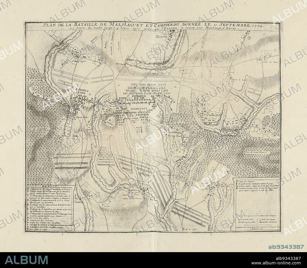 Battle of Malplaquet, 1709, Plan de la Bataille de Malplaquet et Campperdu donnée le 11 Septembre 1709 (title on object), Battle of Malplaquet, between the Allies under Duke of Marlborough and Prince of Savoy and the French, 11 September 1709. Bottom left legend A-N in French. Part of a bundled collection of plans of battles and cities renowned in the War of the Spanish Succession., print maker: Jacobus Harrewijn (attributed to), Brüchman (mentioned on object), Brussels, 1709, paper, etching, height 387 mm × width 480 mm.