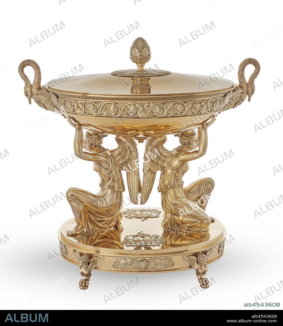 soup tureen, cover, and liner from the Branicki Service, Jean-Baptiste-Claude Odiot (French, 1763-1850), Pierre-Paul Prud'hon, Designer (French, 1758-1823), Adrien-Louis-Marie Cavelier, Designer (French, 1785-1867), 1819, gilded silver, 21-1/16 x 28-5/8 x 10-3/8 in., Guarantee (tax) marks for the years 1809-1819 and 1819-1838 Maker's marks for Jean-Baptiste-Claude Odiot First title (assay) marks (950/1000 parts of fine metal), Decorative Arts.
