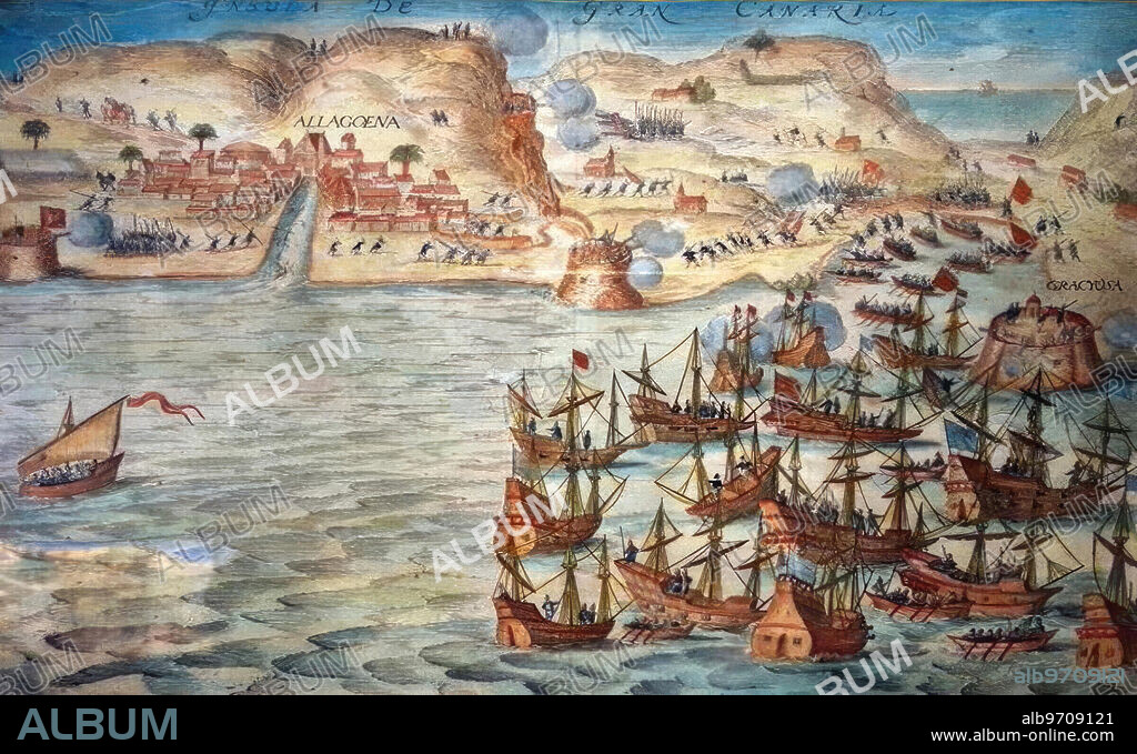Grabado sobre ataque del pirata neerlandés Pieter van der Does a la isla de Gran Canaria, autor desconocido.