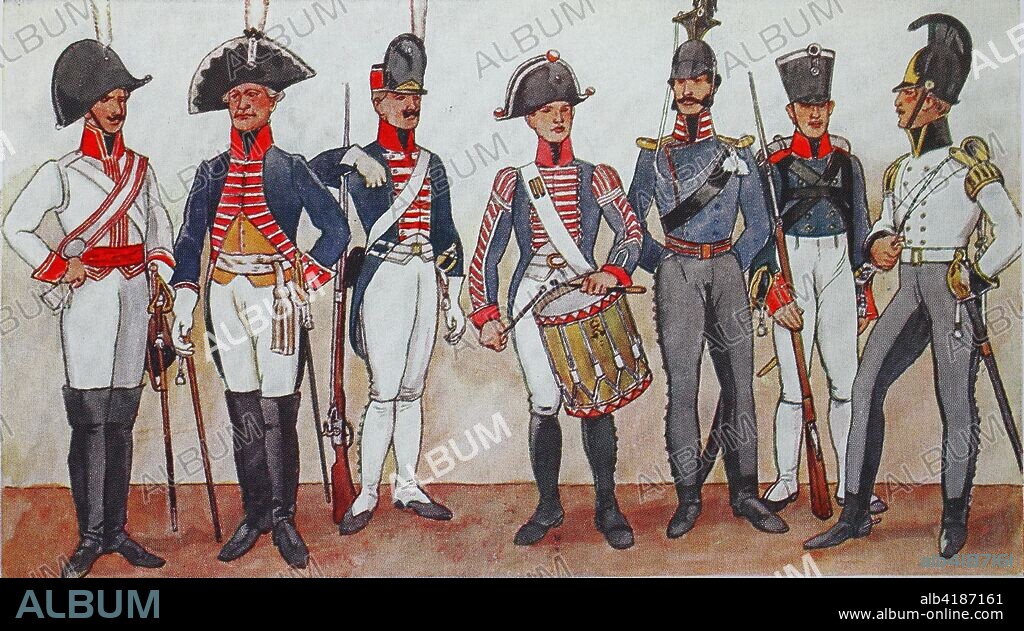 Fashion, clothes, uniforms in Europe, Prussian military, from left, Kuertzers of the regiment of Holtzendorff of 1806, staff officer of the infantry of 1806, a grenadier of the 1st Batalions of the bodyguard of 1806, a musketeer of the regiment of kings, drum of 1806, a guard -Ulan of 1810 and a rifleman of 1810 and a rider of the Silesian Cuirassier Regiment of 1813, digital improved reproduction from an original from the year 1900.