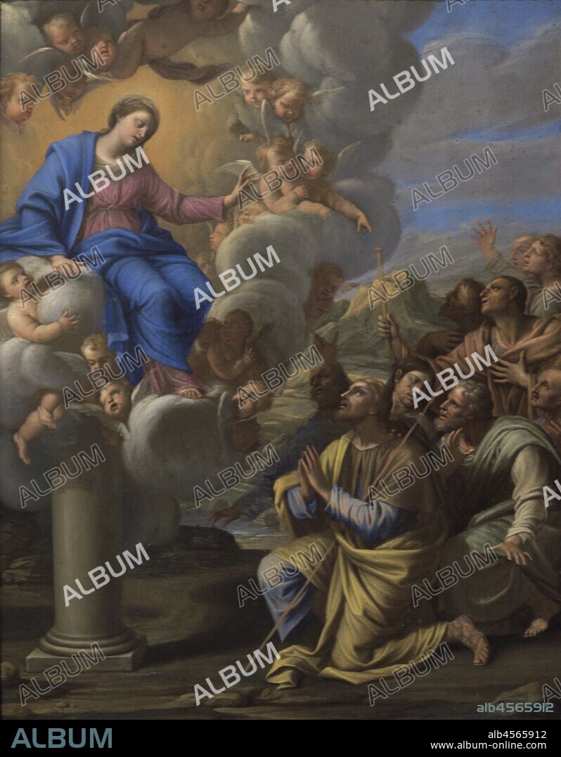 Aparición de la Virgen del Pilar a Santiago. Mediados del siglo XVII. Pintura atribuida a Pietro del Po (1616-1690). Óleo sobre cobre. Museo de las Peregrinaciones y de Santiago. Santiago de Compostela. Provincia de La Coruña. Galicia. España.