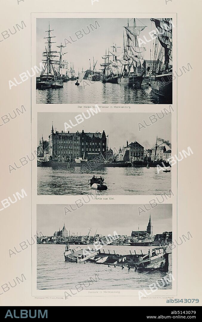 Wilhelm Dreesen, Sinsel & Co, The Port of Wismar in Mecklenburg, lot from Kiel and Rostock in Mecklenburg from the portfolio Picturesque Pictures, Paper, Collotype, Total: Height: 48,30 cm; Width: 32,50 cm, inscribed and dated: recto: in the printing form: title page and court photographer Wilh. Dreesen, Flensburg, 1894. collotype print by Sinsel & Co, Leipzig-Plagwitz, landscape photography, travel photography, city, city view (veduta), harbor, sailing ship, sailing boat, rowing boat, canoe, shipwreck/shipwreck, hist. place, town, village, hist. building, locality, street, steamboat, motor ship, Wismar.