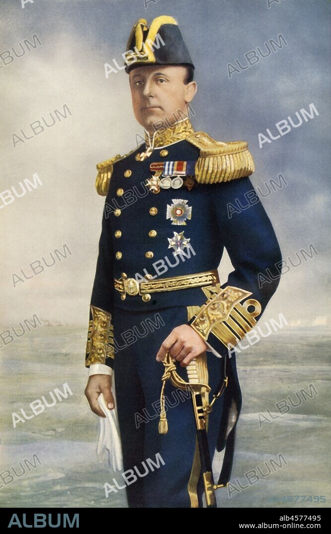 'Admiral Sir John Rushworth Jellicoe, K.C.B., K.C.V.O.', 1915. Admiral of the Fleet John Rushworth Jellicoe, (1859-1935), Royal Navy officer and commander of the British Grand Fleet at the Battle of Jutland in May 1916. From "The War Illustrated Album De Luxe - Volume I. The First Phase", edited by J. A. Hammerton. [The Amalgamated Press, Limited, London, 1915].